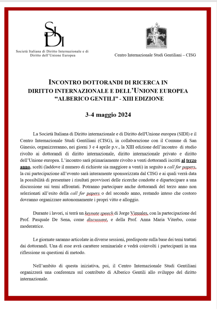 XIII Incontro dottorandi di ricerca in diritto internazionale e diritto dell’Unione europea “Alberico Gentili” – 3-4 maggio 2024