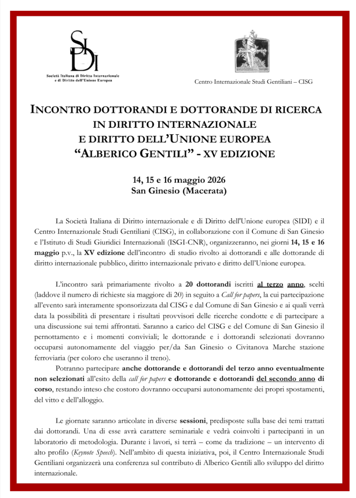 Incontro tra dottorandi e dottorande di ricerca in diritto internazionale, diritto internazionale privato e diritto dell’Unione europea “Alberico Gentili” 2026